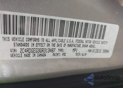 2016 Dodge Grand Caravan R/T z USA, uszkodzony, nr VIN 2C4RDGEG3GR313487